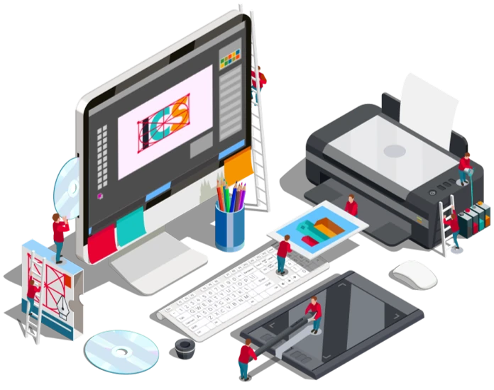 Illustration of a workstation with monitor, keyboard, printer, mouse, and other accessories in the same picture.